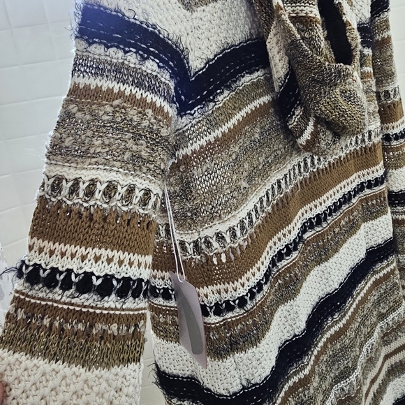 Forever 21 Long Hooded Duster Cardigan Open Front Knit Striped Cream Black Small - Picture 3 of 7